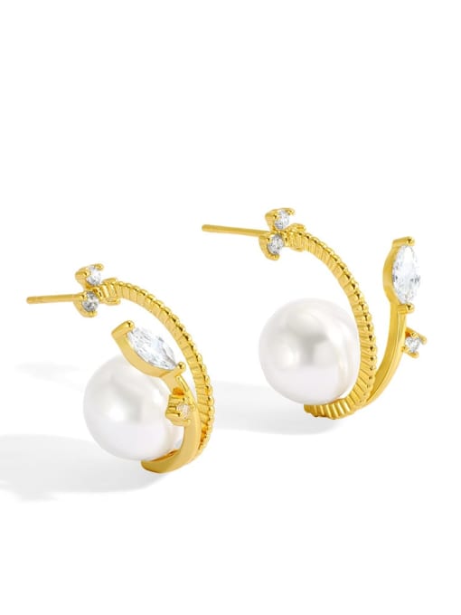 Golden Pearl Leaf Earrings Brass Imitation Pearl Irregular Minimalist Stud Earring
