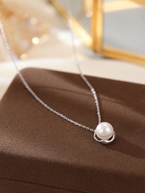 NS1100 【 Platinum 】 925 Sterling Silver Imitation Pearl Geometric Minimalist Necklace