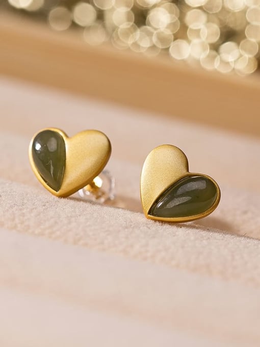 DEER 925 Sterling Silver Jade Heart Cute Stud Earring