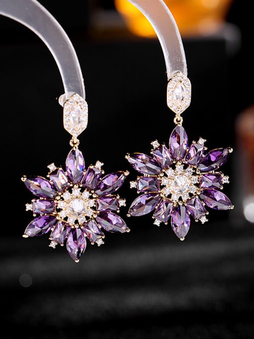 Purple Brass Cubic Zirconia Flower Luxury Drop Earring