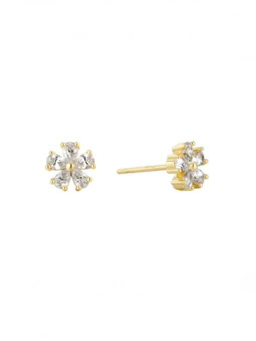 Gold five petal flower Brass Cubic Zirconia Flower Dainty Stud Earring