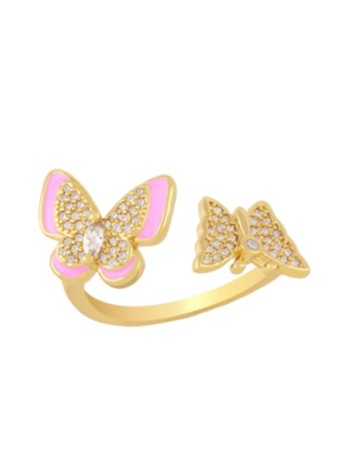 Pink Brass Enamel Cubic Zirconia Butterfly Hip Hop Band Ring