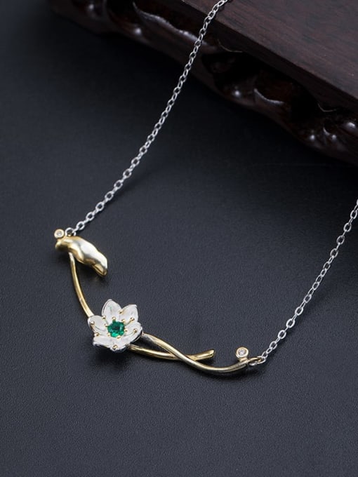 Water lily necklace 925 Sterling Silver Enamel Flower Vintage Necklace