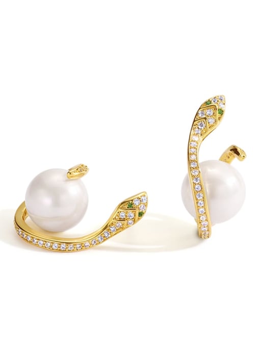 Golden Pearl Snake Earrings Brass Cubic Zirconia Irregular Minimalist Stud Earring