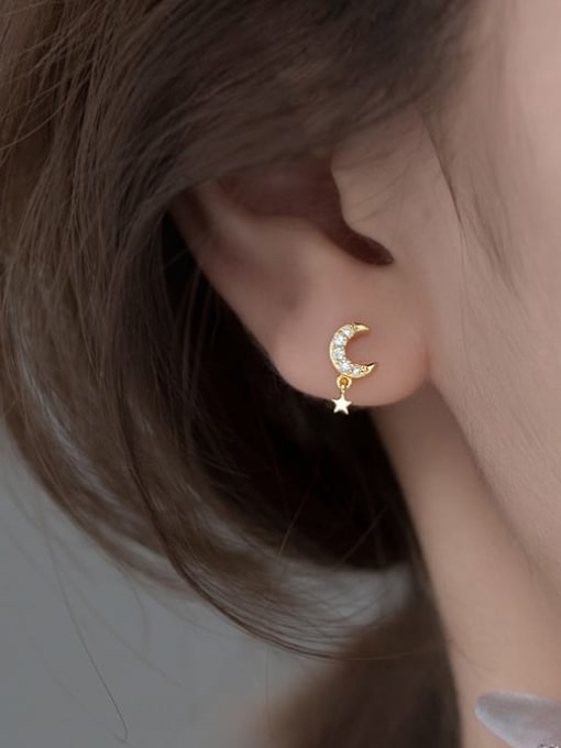 Rosh Brass Cubic Zirconia Moon Minimalist Drop Earring 1