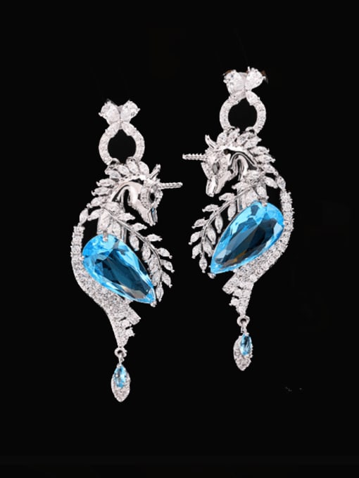 blue Brass Cubic Zirconia Luxury Water Drop  Unicorn Cluster Earring