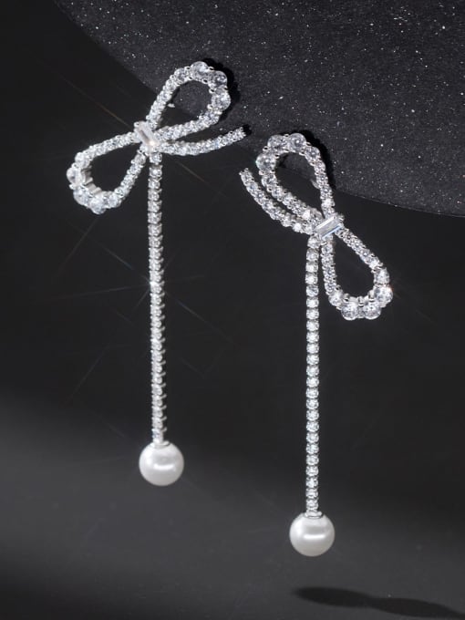 Rosh 925 Sterling Silver Imitation Pearl Bowknot Tassel Dainty Drop Earring 0