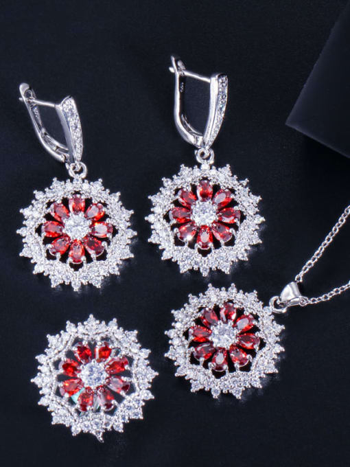 Red ring size 6 Dainty Flower Brass Cubic Zirconia Earring Ring and Necklace Set
