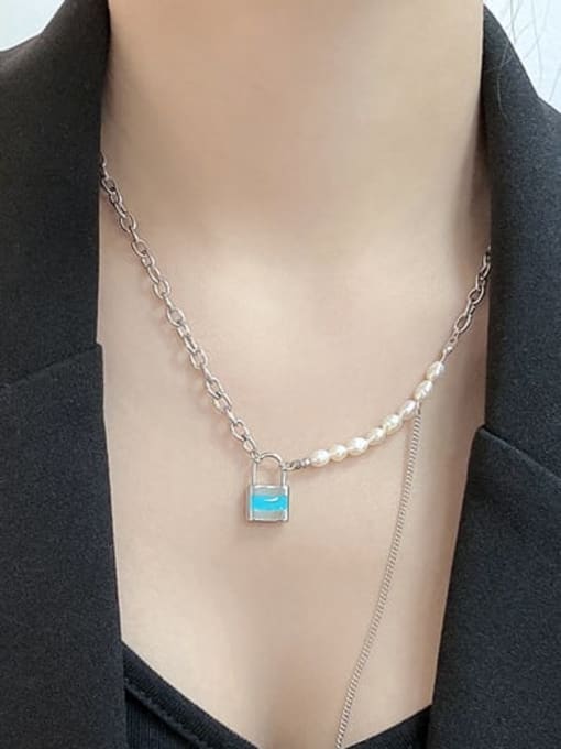 Open Sky Titanium Steel Imitation Pearl Locket Minimalist Tassel Necklace 1