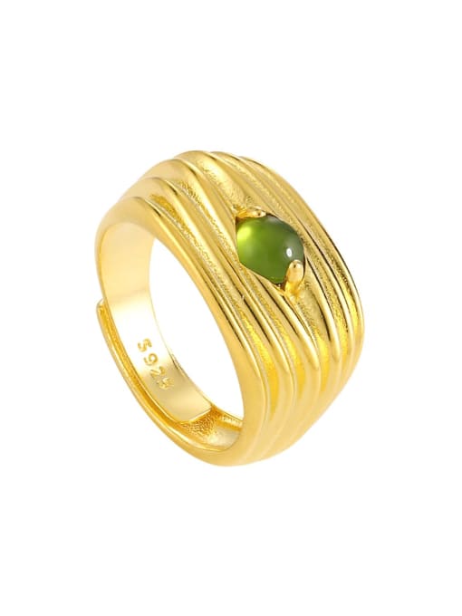 18K Gold  Green Stone 925 Sterling Silver Natural Stone Geometric Vintage Band Ring
