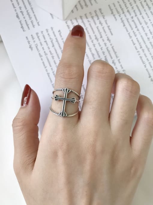 Boomer Cat 925 Sterling Silver Cross Minimalist Free Size Band Ring 1