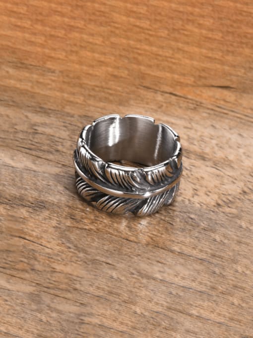 CONG Titanium Steel Feather Vintage Band Ring 3