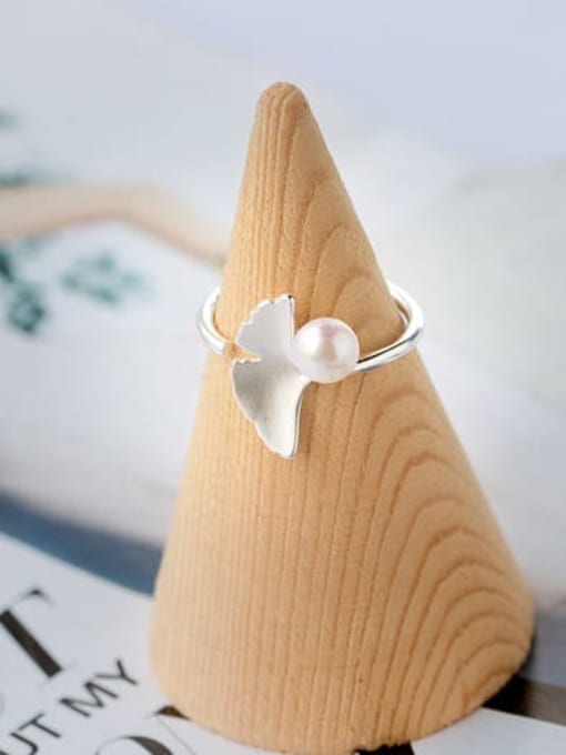 Rosh 925 Sterling Silver Imitation Pearl Minimalist Ginkgo leaves Free Size Ring 1