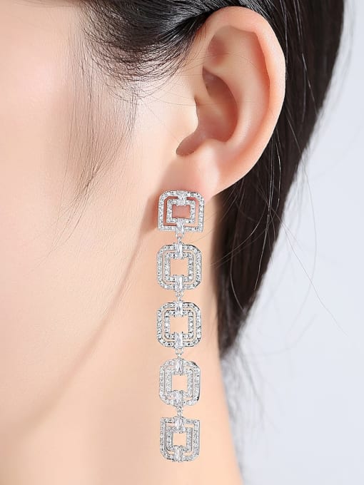 BLING SU Copper Cubic Zirconia long Hollow Square Luxury Threader Earring 1