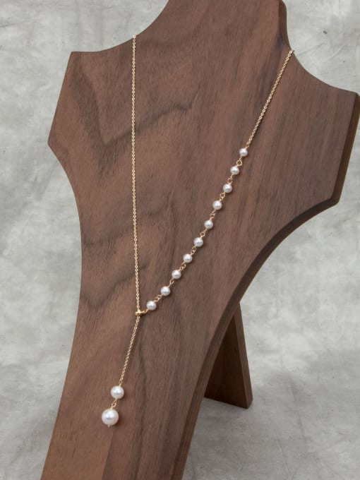 RAIN Brass Freshwater Pearl Tassel Minimalist Lariat Necklace