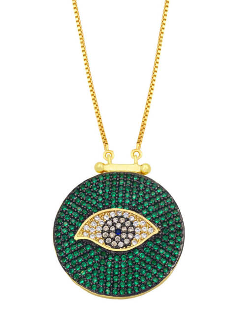green Brass Rhinestone Evil Eye Hip Hop  Round Pendant Necklace