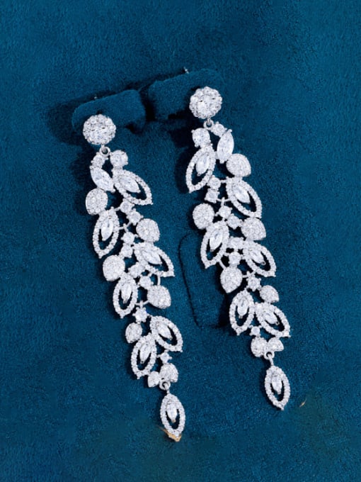 Platinum Brass Cubic Zirconia Leaf Luxury Cluster Earring