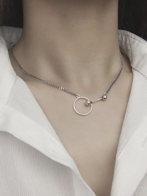 SHUI Vintage  Sterling Silver With Antique Silver Plated Simplistic Hollow Geometric Necklaces 2