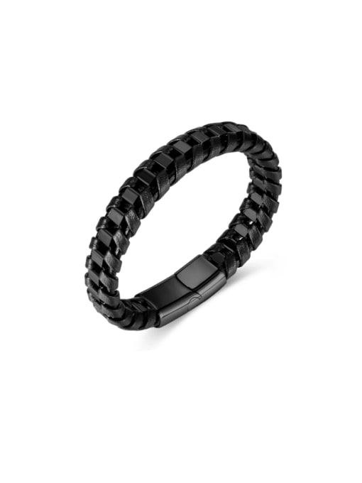 PH1561 Leather Bracelet Black Buckle Stainless steel Artificial Leather Weave Hip Hop Band Bangle