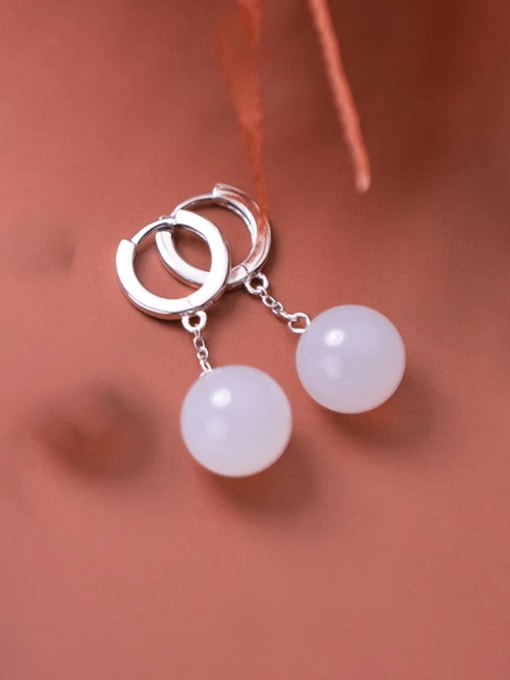 White Pearl Silver Style 925 Sterling Silver Natural Stone Ball Minimalist Huggie Earring