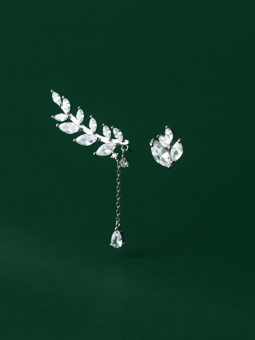 Rosh 925 Sterling Silver Cubic Zirconia Asymmetry Leaf Minimalist Stud Earring