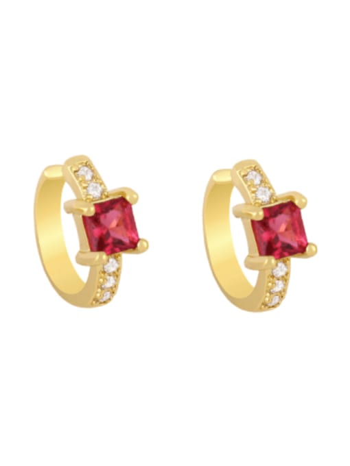 red Brass Glass Stone Geometric Minimalist Huggie Earring