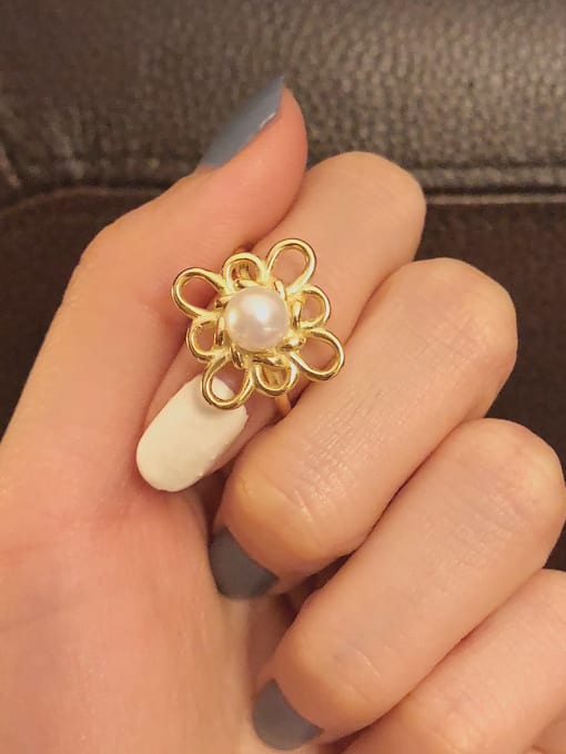 Boomer Cat 925 Sterling Silver Imitation Pearl Hollow  Flower Minimalist Free Size Band Ring 1