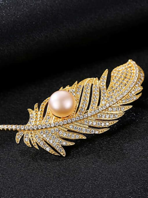 Pink 9G05 925 Sterling Silver Cubic Zirconia White Leaf Freshwater Pearl  Trend Brooch