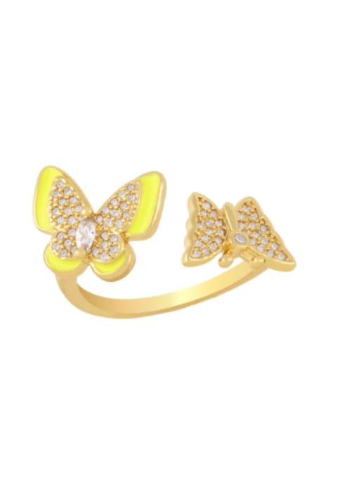 yellow Brass Enamel Cubic Zirconia Butterfly Hip Hop Band Ring