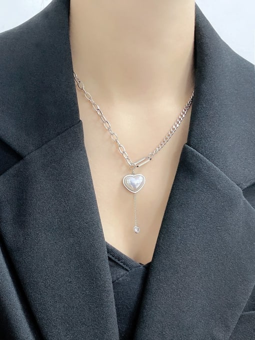 Open Sky Titanium Steel Imitation Pearl Heart Minimalist Tassel Necklace 2