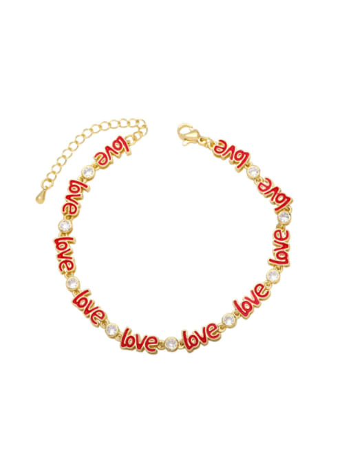 red Brass Cubic Zirconia Enamel Letter Vintage Bracelet