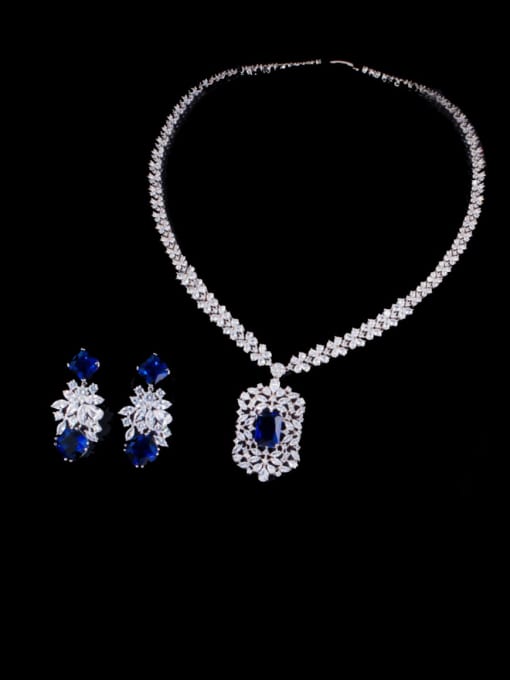 blue Brass Cubic Zirconia Luxury Geometric  Earring and Necklace Set