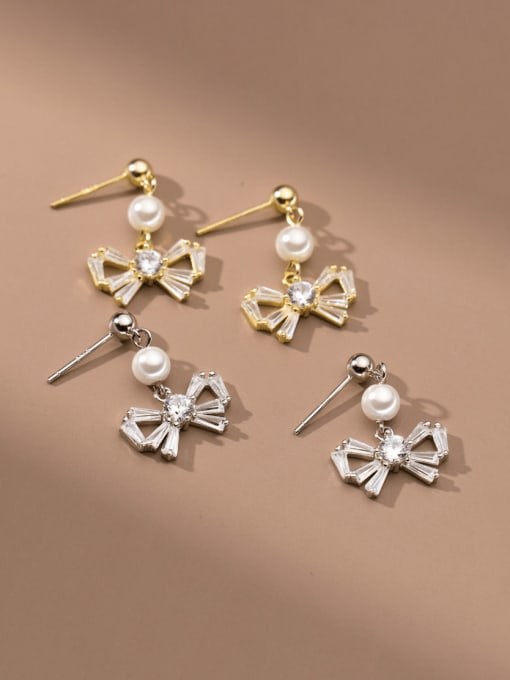 Rosh 925 Sterling Silver Cubic Zirconia Bowknot Minimalist Drop Earring