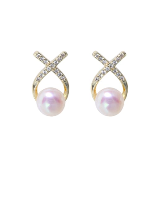 Freshwater Pearl Earrings Brass Cubic Zirconia Cross Minimalist Stud Earring
