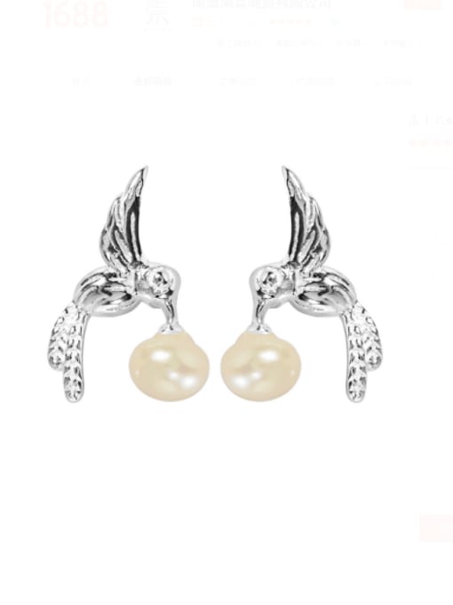 SILVER MI 925 Sterling Silver Imitation Pearl  Vintage Hummingbird Stud Earring 2