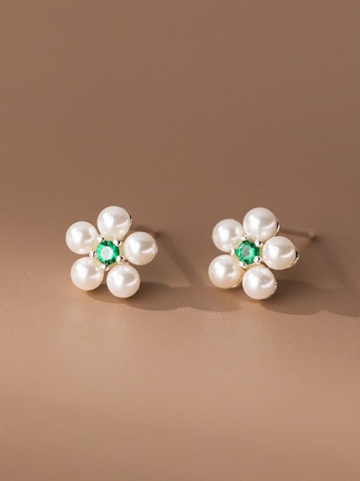 One Pair Unthreaded Green Diamond 925 Sterling Silver Imitation Pearl Flower Cute Stud Earring