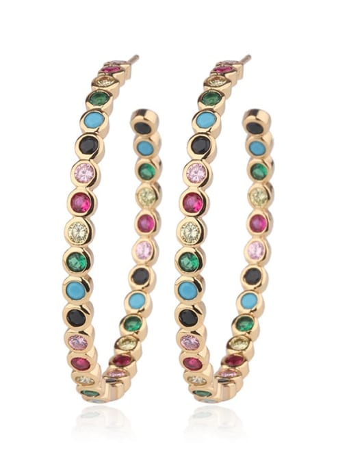 gold Copper Multi Color Glass stone  Rainbow Statement Hoop Earring