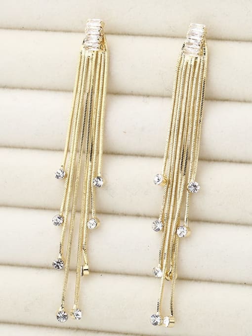 Gold Brass Cubic Zirconia White Tassel Minimalist Drop Earring