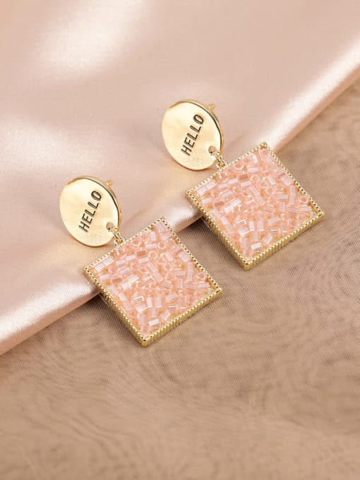 Golden pink beads Brass Glass Stone White Square Classic Drop Earring