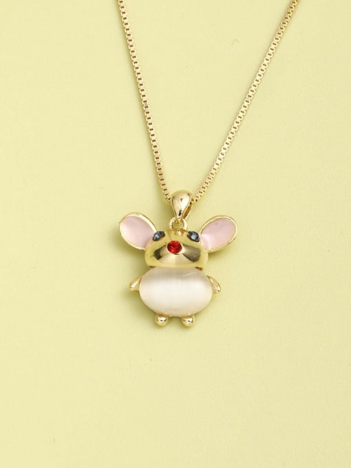 Gold 925 Sterling Silver Cats Eye White Enamel Mouse Long Strand Necklace