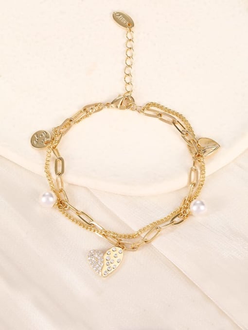 Gold Brass Cubic Zirconia White Heart Dainty Adjustable Bracelet