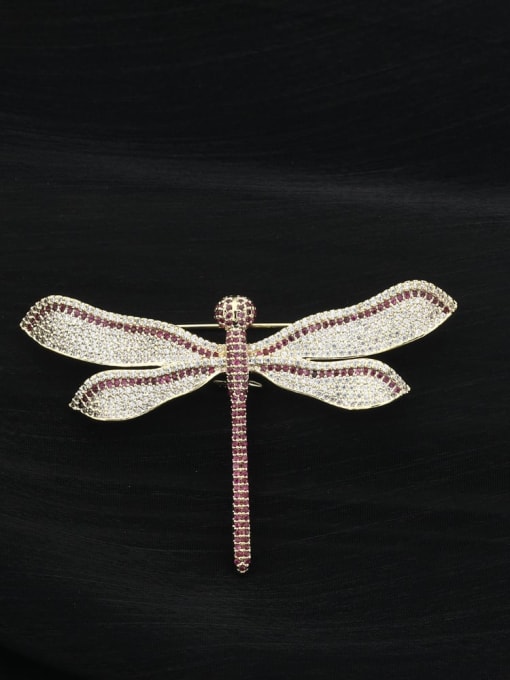 Gold Brass Cubic Zirconia White Dragonfly Brooch