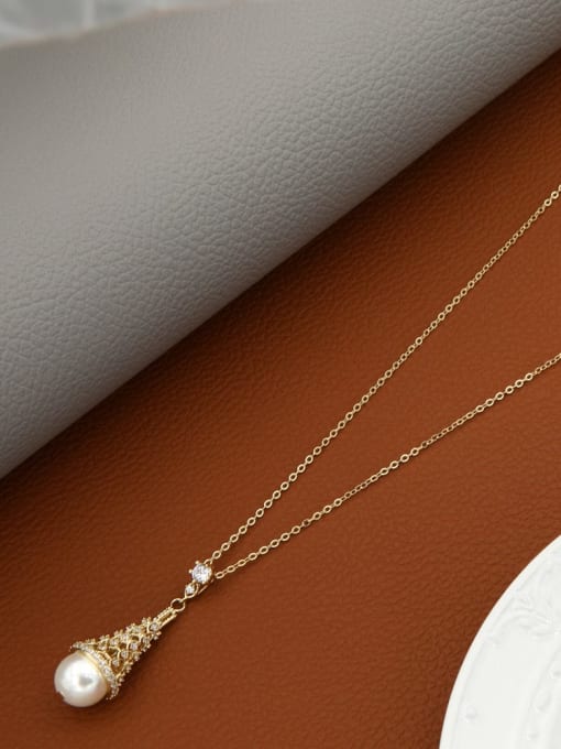 Lin Liang Brass Imitation Pearl White Geometric Minimalist Long Strand Necklace 0
