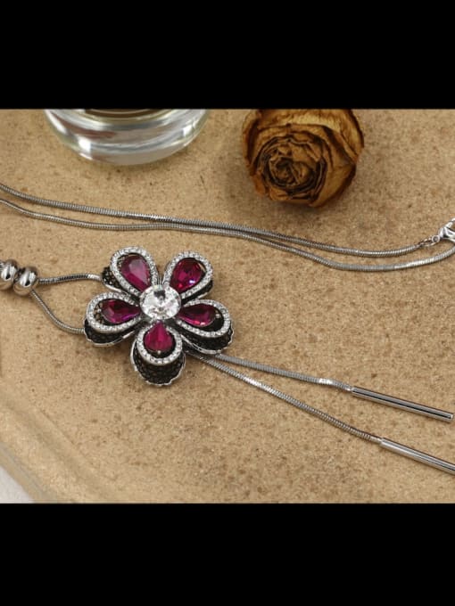 Lin Liang Brass Cubic Zirconia Pink Flower Minimalist Long Strand Necklace 1