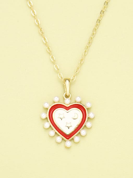 Gold 925 Sterling Silver Imitation Pearl White Enamel Heart Necklace