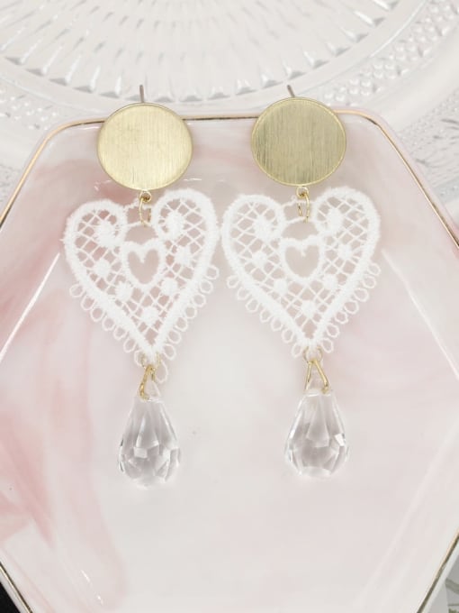 Golden white heart Brass Crystal White Plastic Heart Minimalist Drop Earring