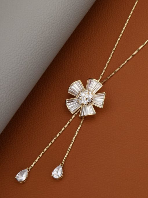 Gold Brass Cubic Zirconia White Flower Dainty Long Strand Necklace