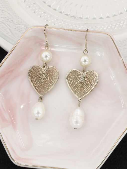 Lin Liang Brass Imitation Pearl White Heart Classic Drop Earring 0