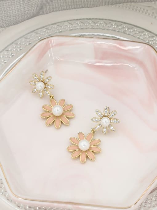 Golden pink flower Brass Rhinestone White Enamel Flower Minimalist Drop Earring