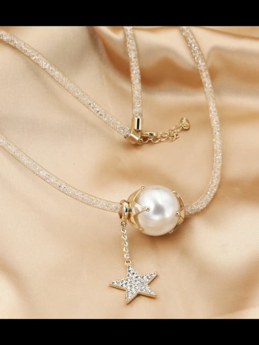 Gold Brass Imitation Pearl White Star Minimalist Long Strand Necklace
